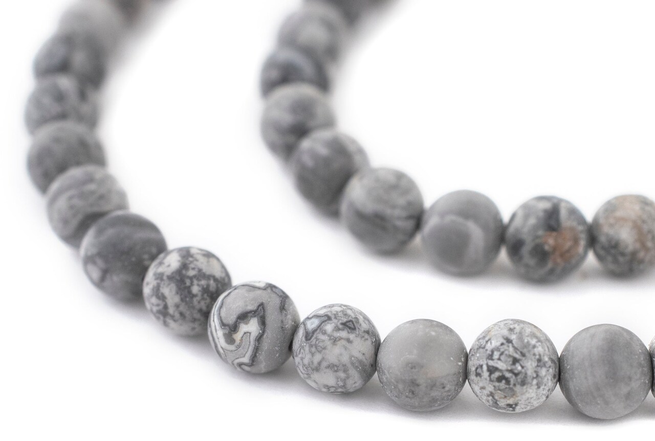 The Bead Chest Matte Grey Picasso Jasper Beads (8mm): Organic Gemstone Round Spherical Energy Stone Healing Power Crystal for Jewelry Bracelet Mala Necklace Making